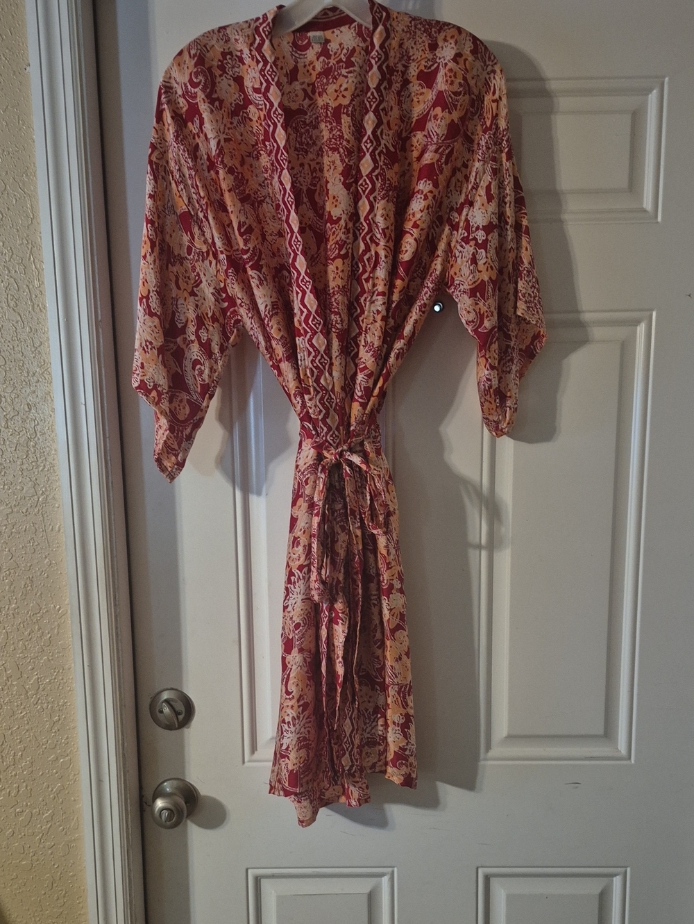 Silk Belted Wrap Dress in Red, Cream and Light Orange